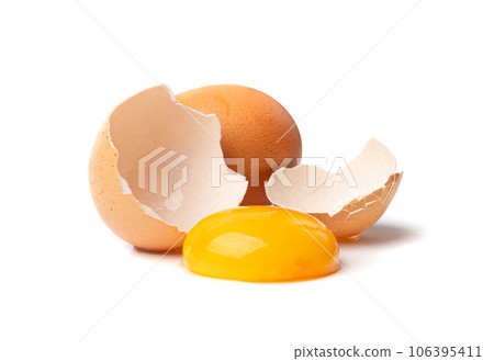 Broken Egg Isolated, Raw Yolk and White, Cracked Brown Shell, Fresh Broken Chicken Eggs on White Background 106395411
