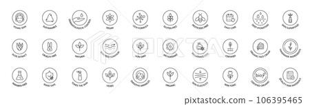 Organic cosmetic icon set. Natural product badges. Allergen free line icons. GMO free emblems. Certified organic stickers. Healthy eating. Vegan, bio food label. Cruelty free. Vector illustration 106395465