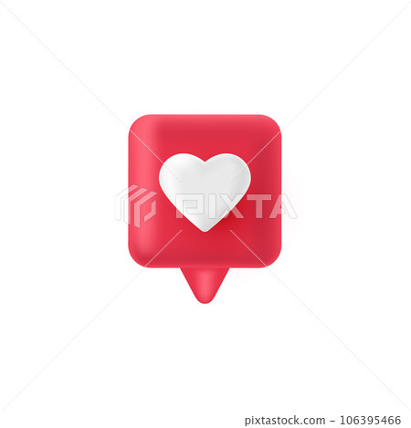 3d render pink like icon. Red comment button. Love element. Social media bubble with heart. Notification label. Share tag. Notice people. Chat speech balloon. Emoji reaction. Vector illustration 106395466