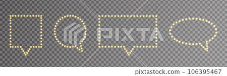 Light gold frame set. Glitter speech bubble. Luxury decoration. Social media banner. Chat message icon. Golden bulb border. Retro neon wall billboard. Cinema, casino design. Vector illustration 106395467
