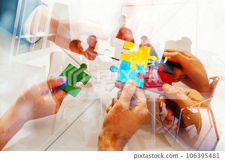 Team working background with puzzles. Double exposure effects 106395481