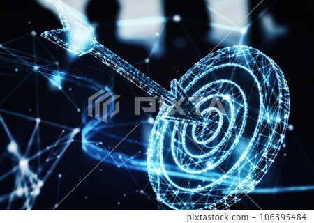 Wireframe digital arrow hit in the center a bullseye on dark blue background. 3D Rendering 106395484