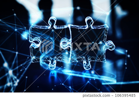 Illuminated wireframe of two connected puzzle pieces on dark blue background. 3D Rendering 106395485