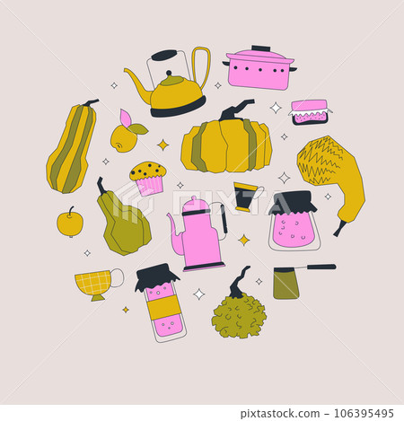 Autumn clipart. Vector flat illustration. Tea, coffee, pumpkins, warmth and comfort set Autumn clipart. Vector flat illustration. Tea, coffee, pumpkins, warmth and comfort set 106395495