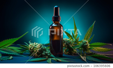 Cannabis oil and Marijuana plant on a dark background Cannabis oil and Marijuana plant on a dark background 106395606