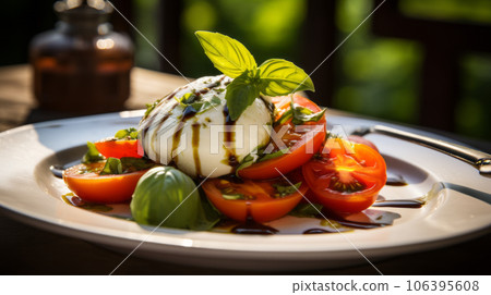 Traditional Italian dish Caprese salad on white plate on wooden table, sea view Traditional Italian dish Caprese salad on white plate on wooden table, sea view 106395608