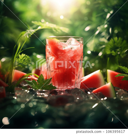 Fresh tropical cocktail with watermelon and ice with tropical trees and plants on a dark mystical background. Fresh tropical cocktail with watermelon and ice with tropical trees and plants on a dark mystical background. 106395617