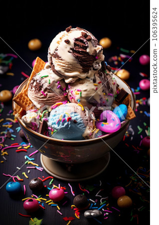 Bowl of ice cream scoops of different colors and flavours 106395624