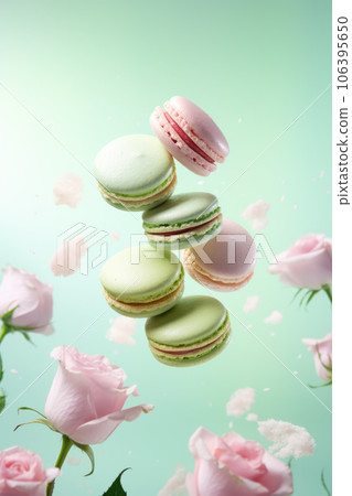 levitating flying macaroons with pink roses composition 106395650