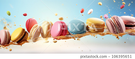 Different types of macaroons in motion falling on a colorful background Different types of macaroons in motion falling on a colorful background 106395651