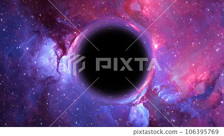 3D rendering of a supermassive black hole against a starry sky 3D rendering of a supermassive black hole against a starry sky 106395769