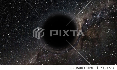 3D rendering of a supermassive black hole against a starry sky 106395785