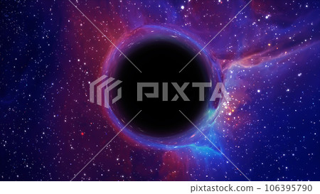 3D rendering of a supermassive black hole against a starry sky 106395790