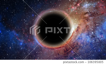 3D rendering of a supermassive black hole against a starry sky 106395805