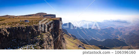 Aerial view of Cathedral Peak in Drakensberg mountains, at the Lesotho border in KwaZulu-Natal Aerial view of Cathedral Peak in Drakensberg mountains, at the Lesotho border in KwaZulu-Natal 106396160