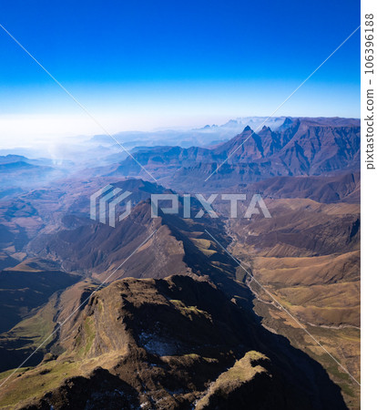 Aerial view of Cathedral Peak in Drakensberg mountains, at the Lesotho border in KwaZulu-Natal 106396188