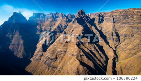 Aerial view of Cathedral Peak in Drakensberg mountains, at the Lesotho border in KwaZulu-Natal 106396224