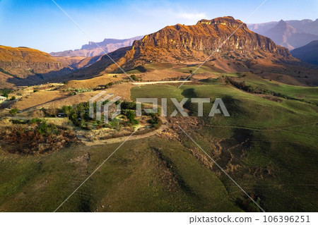 Aerial view of Cathedral Peak in Drakensberg mountains, at the Lesotho border in KwaZulu-Natal 106396251