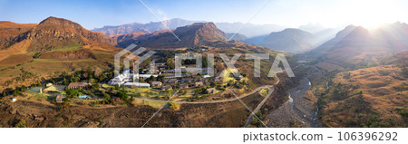 Aerial view of Cathedral Peak in Drakensberg mountains, at the Lesotho border in KwaZulu-Natal 106396292