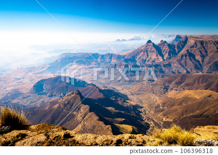Aerial view of Cathedral Peak in Drakensberg mountains, at the Lesotho border in KwaZulu-Natal 106396318