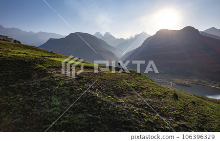 Aerial view of Cathedral Peak in Drakensberg mountains, at the Lesotho border in KwaZulu-Natal 106396329