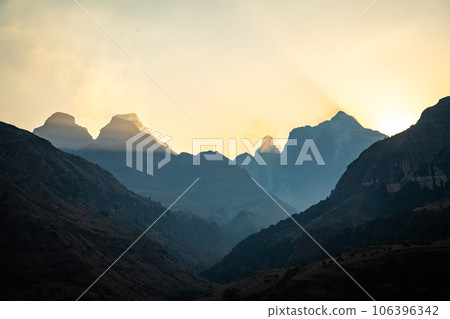 Aerial view of Cathedral Peak in Drakensberg mountains, at the Lesotho border in KwaZulu-Natal Aerial view of Cathedral Peak in Drakensberg mountains, at the Lesotho border in KwaZulu-Natal 106396342