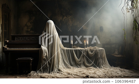 Mysterious and spooky female figure covered in sheer garment standing next to an old dusty piano in an abandoned house - generative AI. Mysterious and spooky female figure covered in sheer garment standing next to an old dusty piano in an abandoned house - generative AI. 106396487