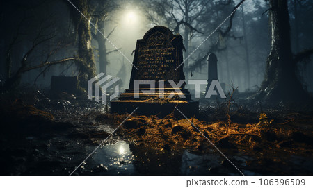 Foggy eerie haunted cemetery on Halloween night - generative AI. 106396509
