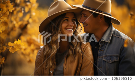 Young adult romantic couple wearing cowboy hats enjoying the fall country atmosphere - generative AI. 106396510