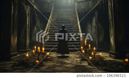 Eerie haunting ghostly silhouetted female figure in front of stairs in a haunting abandoned spooky house on Halloween night - generative AI. 106396521