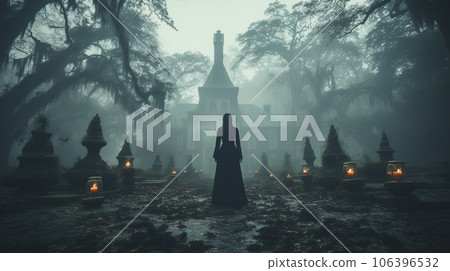 Eerie haunting ghostly female figure walking in front of a foggy Southern Plantation antebellum mansion on Halloween night - generative AI. 106396532