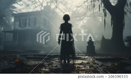 Eerie haunting ghostly female figure walking in front of a foggy Southern Plantation antebellum mansion on Halloween night - generative AI. 106396533