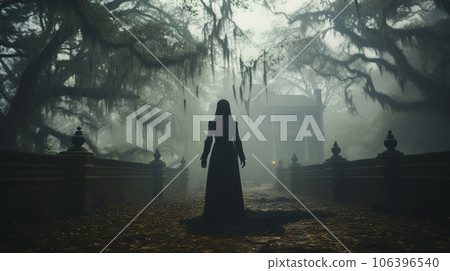 Eerie haunting ghostly female figure walking in front of a foggy Southern Plantation antebellum mansion on Halloween night - generative AI. 106396540