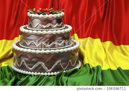 Chocolate cake on the Bolivian flag background, 3D rendering 106396711