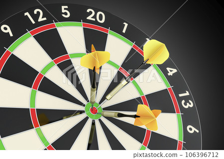 Dartboard with yellow darts in bullseye, 3D rendering Dartboard with yellow darts in bullseye, 3D rendering 106396712