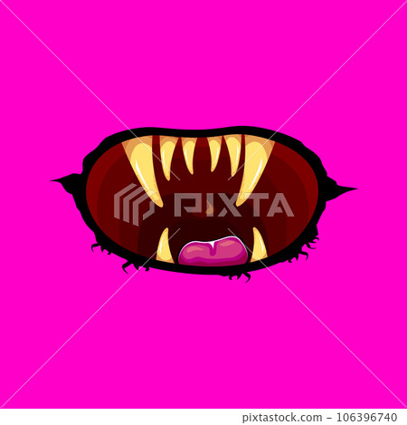 Vector cartoon funny zombie monster open mouth with rotten teeth isolated on pink background. Vector Halloween greeting card with funne pink monster mouth. Cartoon vampire and witch fangs 106396740