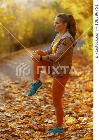 stylish female in fitness clothes in park stretching stylish female in fitness clothes in park stretching 106396751