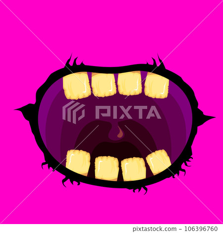 Vector cartoon funny zombie monster open mouth with rotten teeth isolated on pink background. Vector Halloween greeting card with funne pink monster mouth. Cartoon vampire and witch fangs Vector cartoon funny zombie monster open mouth with rotten teeth isolated on pink background. Vector Halloween greeting card with funne pink monster mouth. Cartoon vampire and witch fangs 106396760