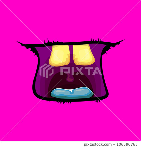 Vector cartoon funny zombie monster open mouth with rotten teeth isolated on pink background. Vector Halloween greeting card with funne pink monster mouth. Cartoon vampire and witch fangs 106396763