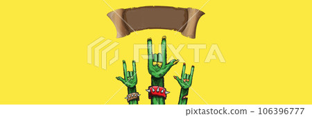 vector green cartoon Zombie rock n roll hand isolated on horizontal yellow background with space for text . vector Zombie party halloween background or horizontal heavy metal poster design template vector green cartoon Zombie rock n roll hand isolated on horizontal yellow background with space for text . vector Zombie party halloween background or horizontal heavy metal poster design template 106396777