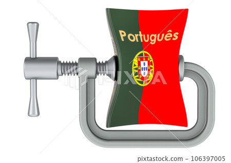 Portuguese language textbook squeezed in a clamp. Intensive course of Portuguese language, concept. 3D rendering Portuguese language textbook squeezed in a clamp. Intensive course of Portuguese language, concept. 3D rendering 106397005