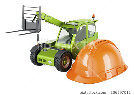 Telescopic handler with orange hard hat, 3D rendering Telescopic handler with orange hard hat, 3D rendering 106397011