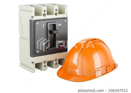 Circuit breaker with orange hard hat, 3D rendering Circuit breaker with orange hard hat, 3D rendering 106397012