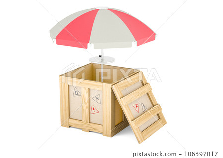 Beach umbrella inside wooden box, delivery concept. 3D rendering 106397017