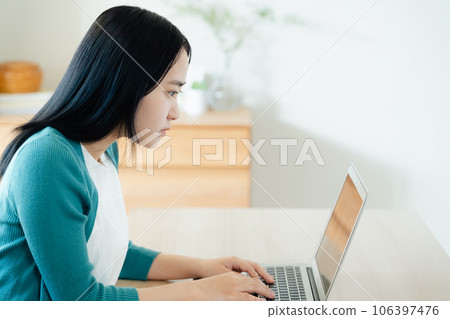 在筆記本電腦上做研究的年輕女子 在筆記本電腦上做研究的年輕女子 106397476