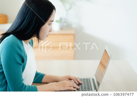 在筆記本電腦上做研究的年輕女子 在筆記本電腦上做研究的年輕女子 106397477