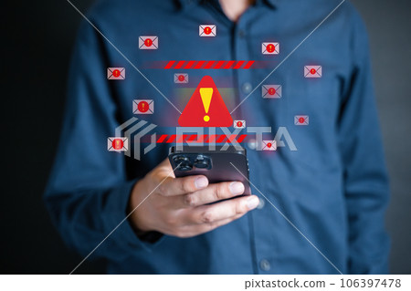 People with warning notification and spam message icon on laptop. 106397478