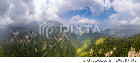 Balkan aerial mountains panorama with clouds and green forests, Maglic, Bosnia and Herzegovina 106397492