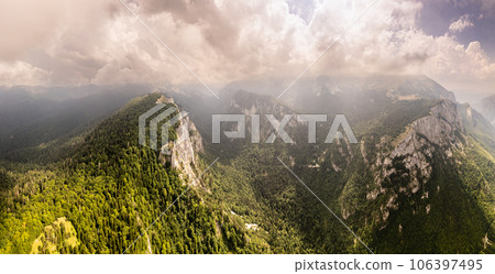 Balkan aerial mountains panorama with clouds and green forests, Maglic, Bosnia and Herzegovina Balkan aerial mountains panorama with clouds and green forests, Maglic, Bosnia and Herzegovina 106397495