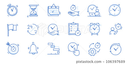 Time, calendar doodle line icon set. Hand drawn doodle sketch line style business time management, project deadline concept. Alarm clock, calendar, stopwatch cute elements. Vector Time, calendar doodle line icon set. Hand drawn doodle sketch line style business time management, project deadline concept. Alarm clock, calendar, stopwatch cute elements. Vector 106397689